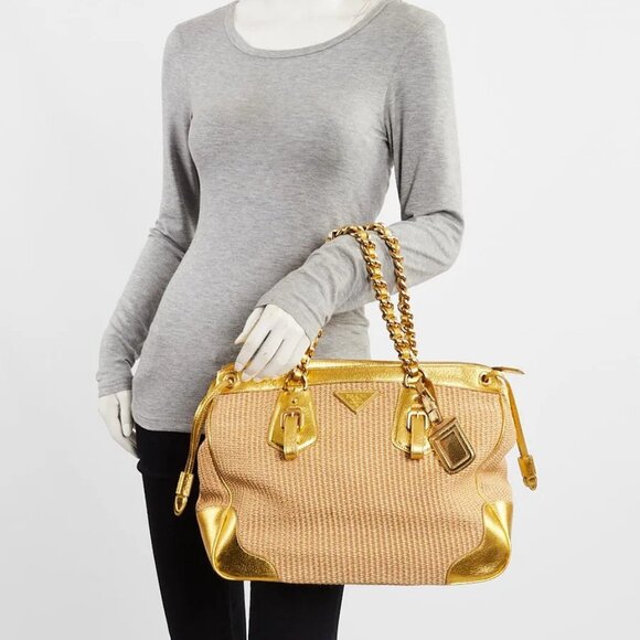 Prada Gold Leather and Straw Medium Shopping Tote Bag BR3690 - Picture 4 of 12
